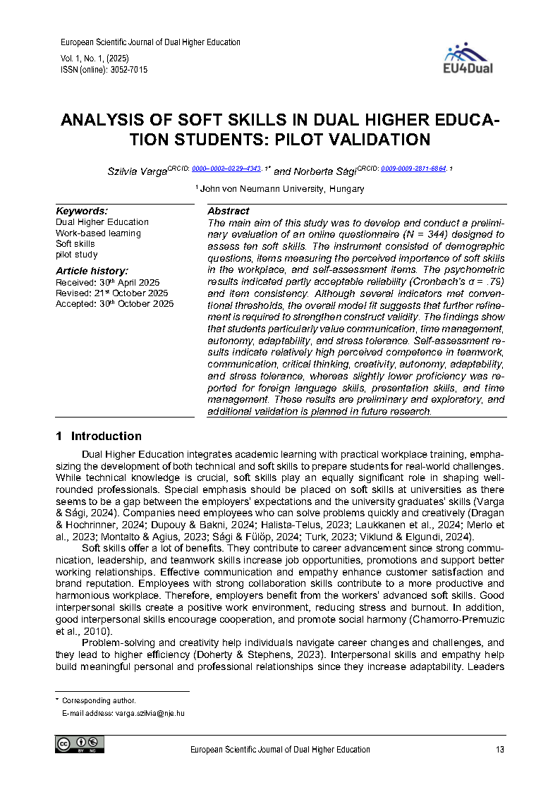 Cover image of the article "Analysis of Soft Skills in Dual Higher Education Students: Pilot Validation"