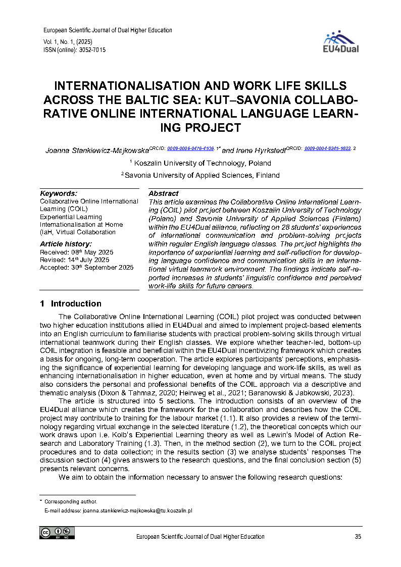 Cover image of the article "Internatioalisation and Work Life Skills Across the Baltic Sea: KUT-Savonia Collaborative Online International Language Learning Project"
