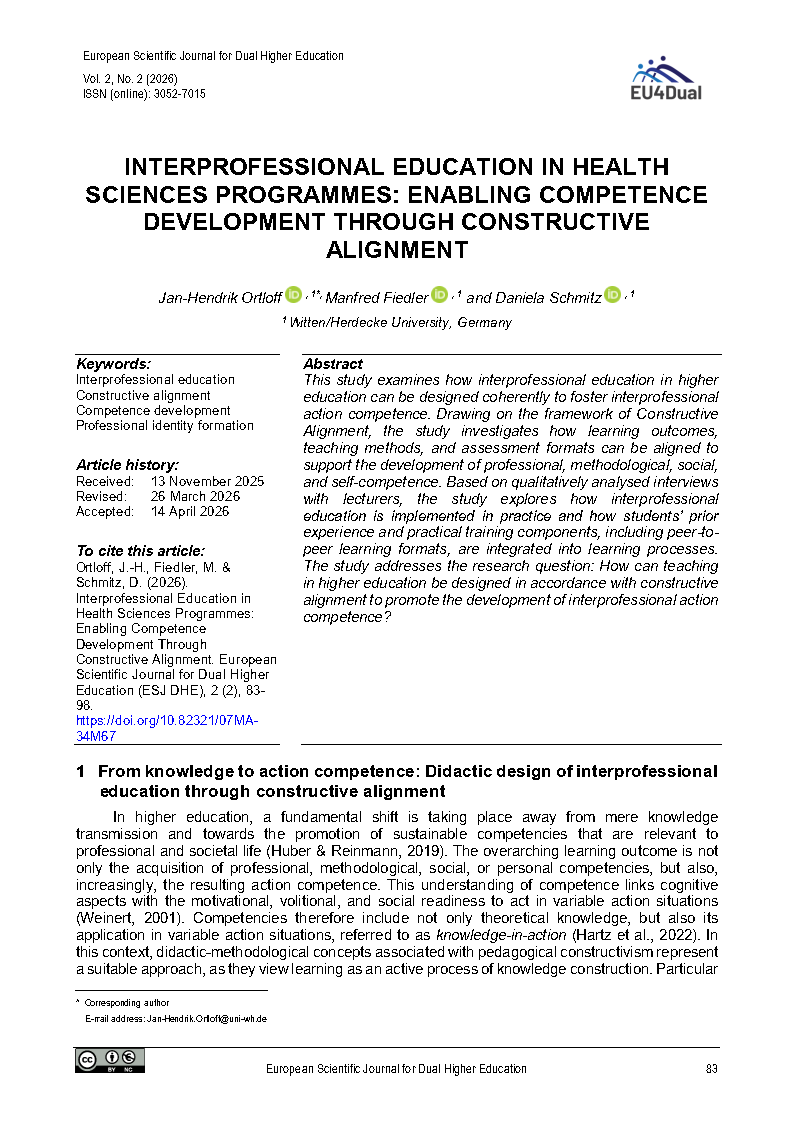 Cover image of the article "Interprofessional Education in Health Sciences Programmes: Enabling Competence Development Through Constructive Alignment"