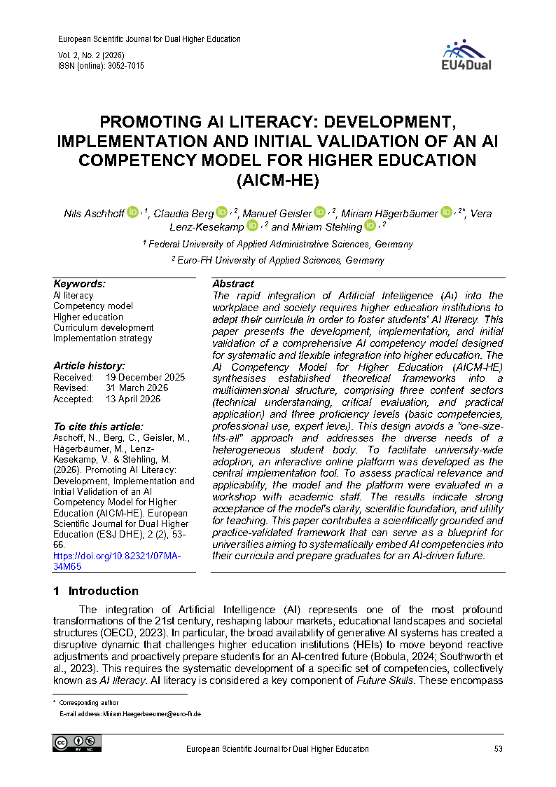 Cover image of the article "Promoting AI Literacy: Development, Implementation and Initial Validation of an AI Competency Model for Higher Education (AICM-HE)"