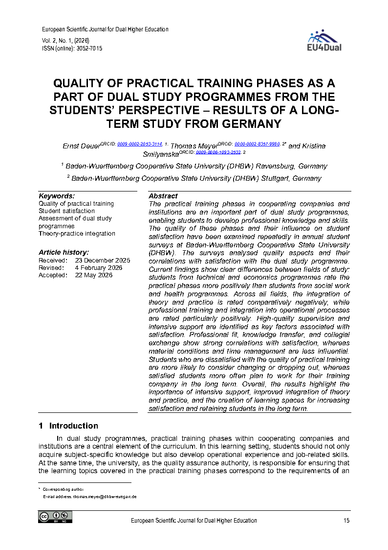 Cover image of the article "Quality of Practical Training Phases as a Part of Dual Study Programmes from the Students' Perspective - Results of a Long-term Study from Germany"