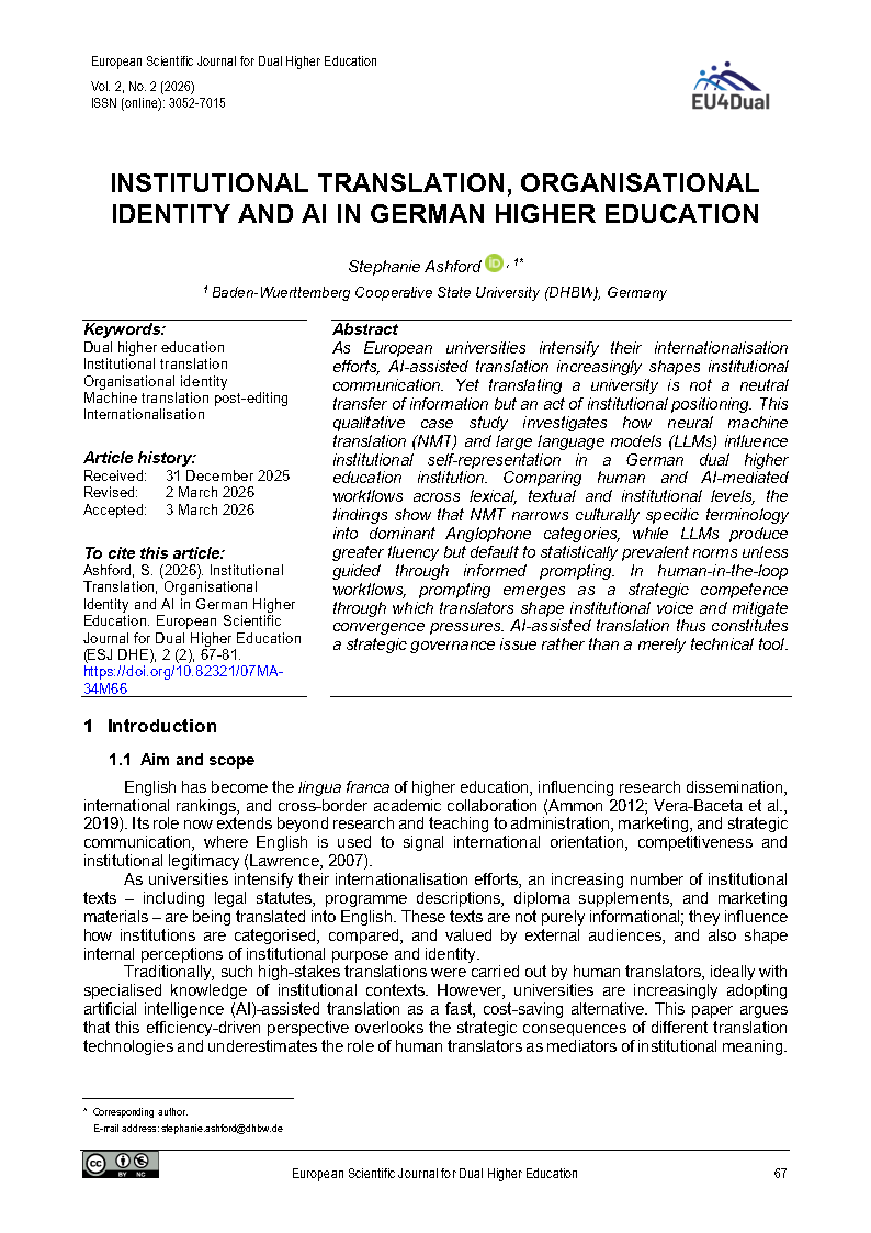 Cover image of the article "Institutional Translation, Organisational Identity and AI in German Higher Education"