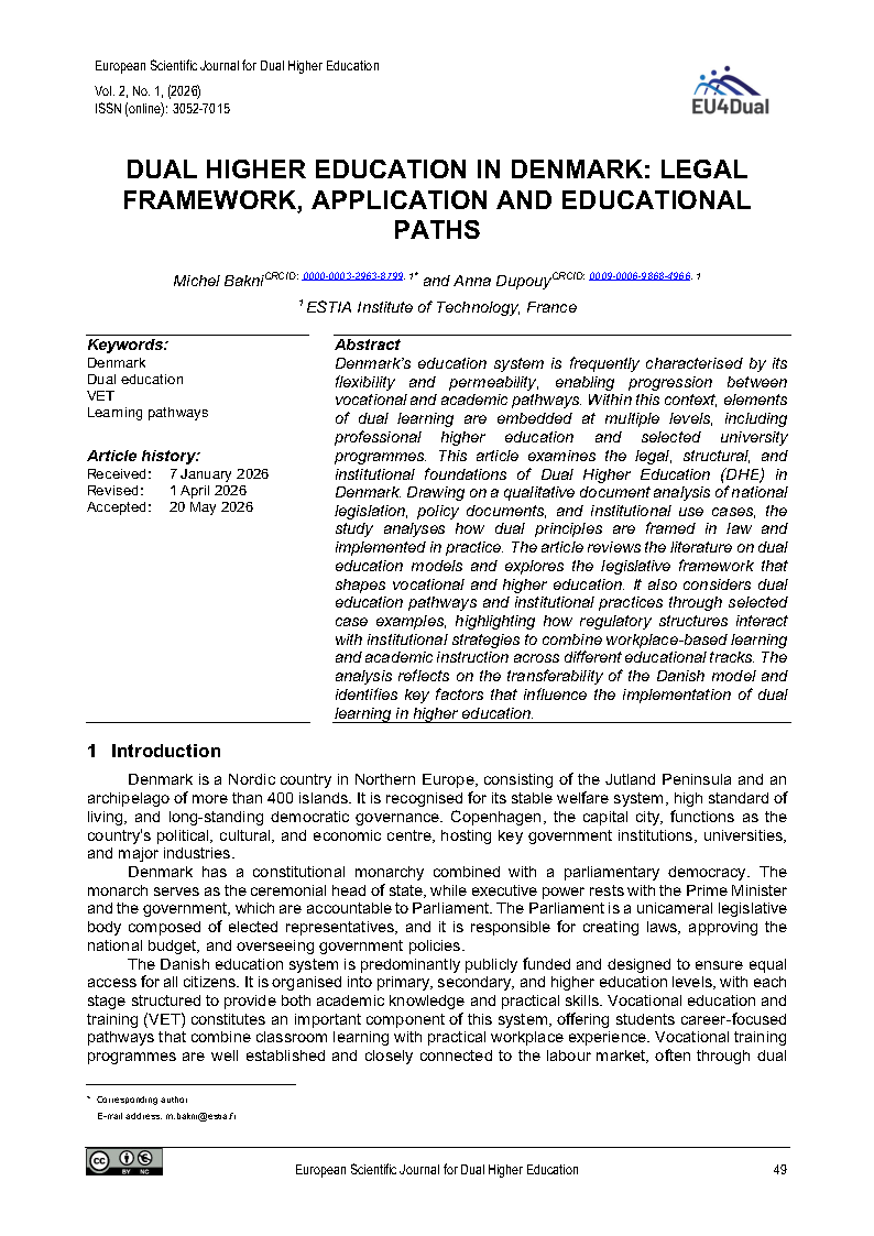 Cover image of the article "Dual Higher Education in Denmark: Legal Framework, Application and Educational Paths"