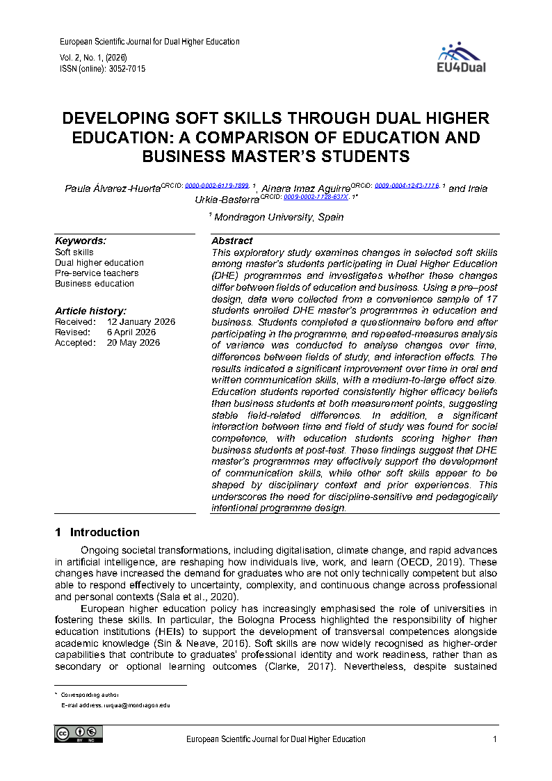 Cover image of the article "Developing Soft Skills Through Dual Higher Education: A Comparison of Education and Business Master's Students"