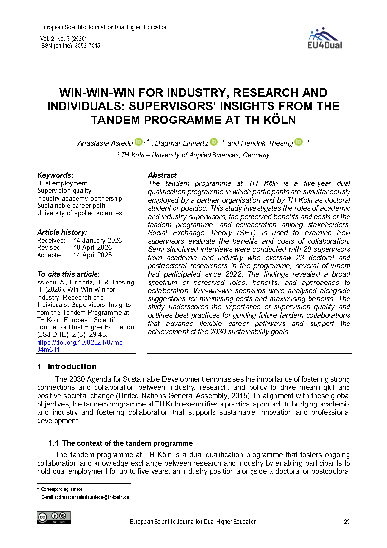 Cover image of the article "Win-Win-Win for Industry, Research and Individuals: Supervisors’ Insights from the Tandem Programme at TH Köln"