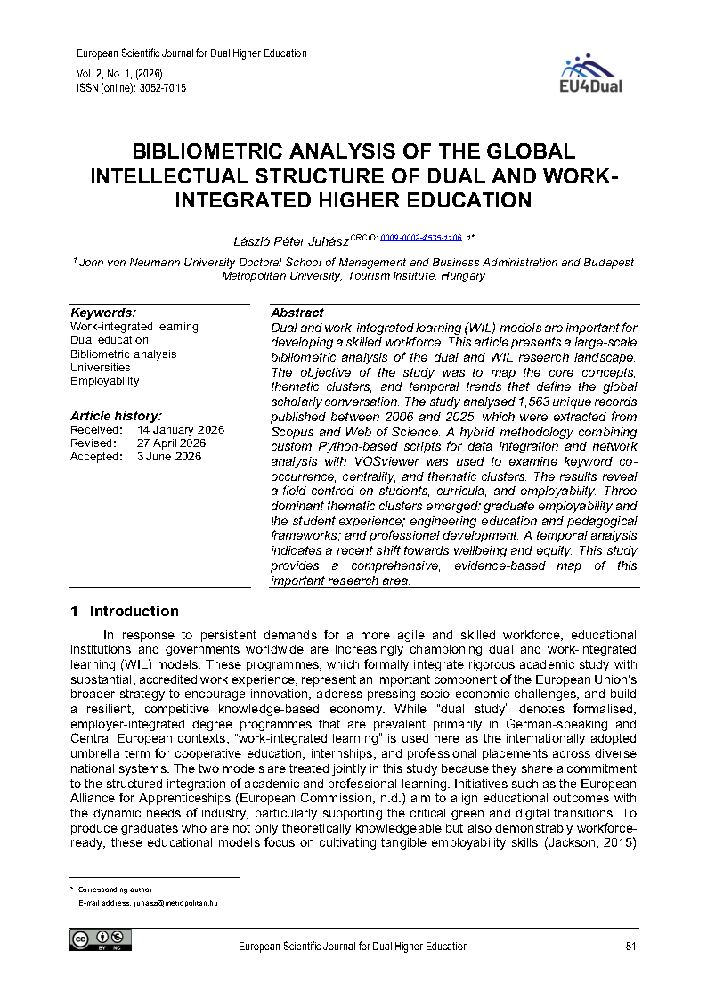 Cover image of the article "Bibliometric Analysis of the Global Intellectual Structure of Dual and Work-Integrated Higher Education"