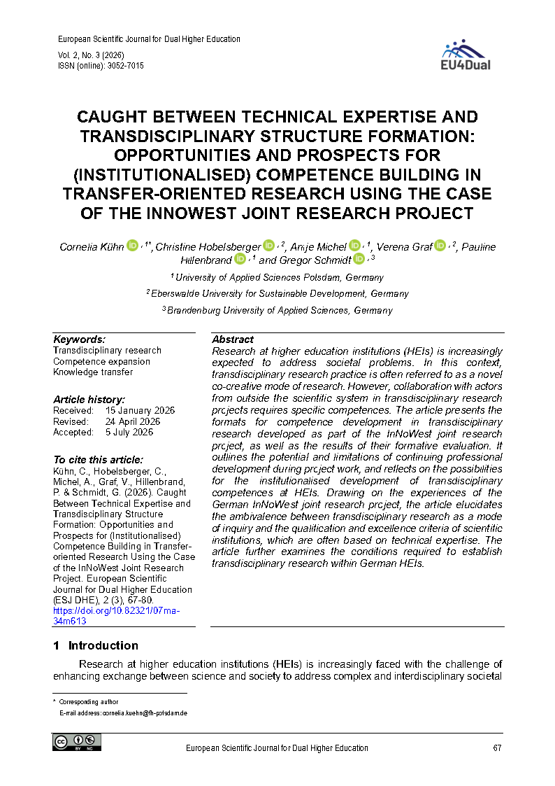 Cover image of the article "Caught Between Technical Expertise and Transdisciplinary Structure Formation: Opportunities and Prospects for (Institutionalised) Competence Building in Transfer-oriented Research Using the Case of the InNoWest Joint Research Project"