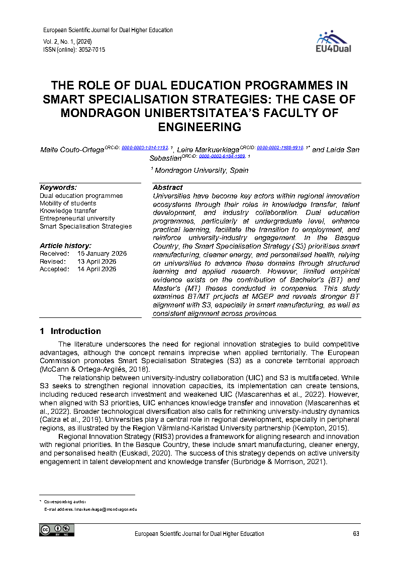 Cover image of the article "The Role of Dual Education Programmes in Smart Specialisation Strategies: the Case of Mondragon Unibertsitatea's Faculty of Engineering"