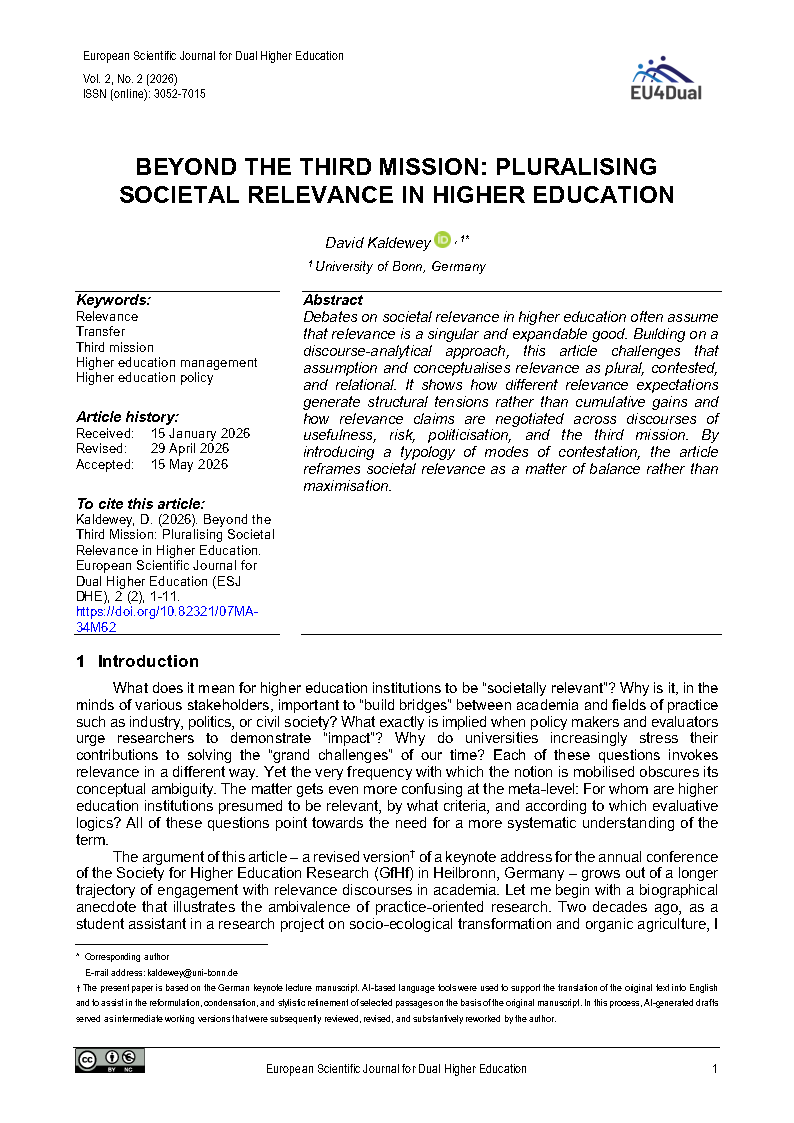 Cover image of the article "Beyond the Third Mission: Pluralising Societal Relevance in Higher Education"