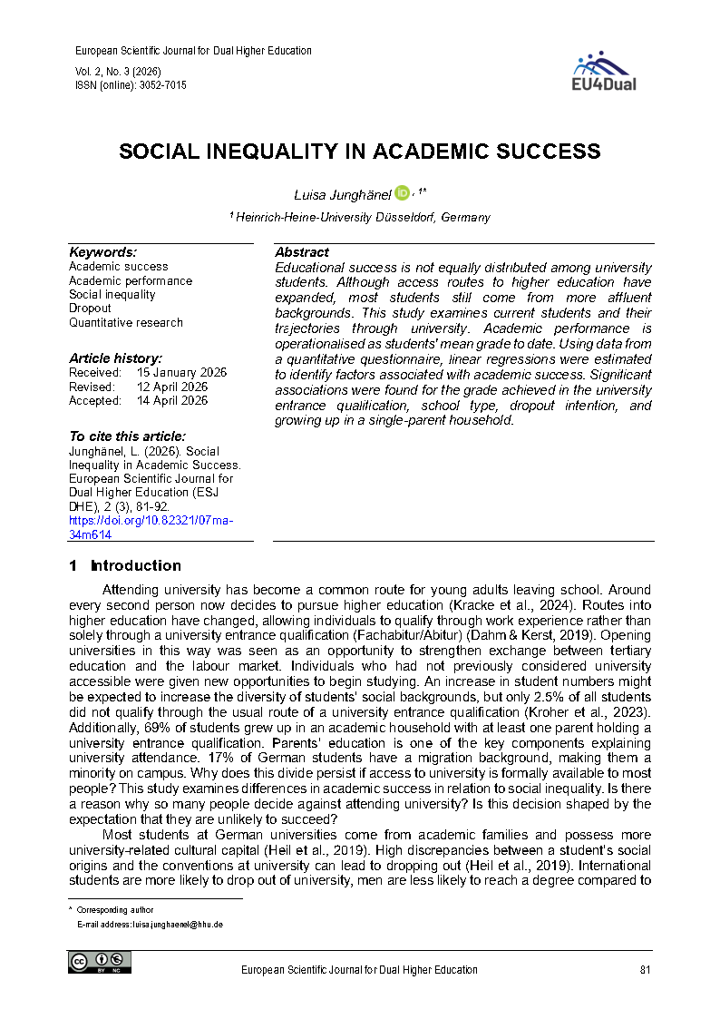 Cover image of the article "Social Inequality in Academic Success"