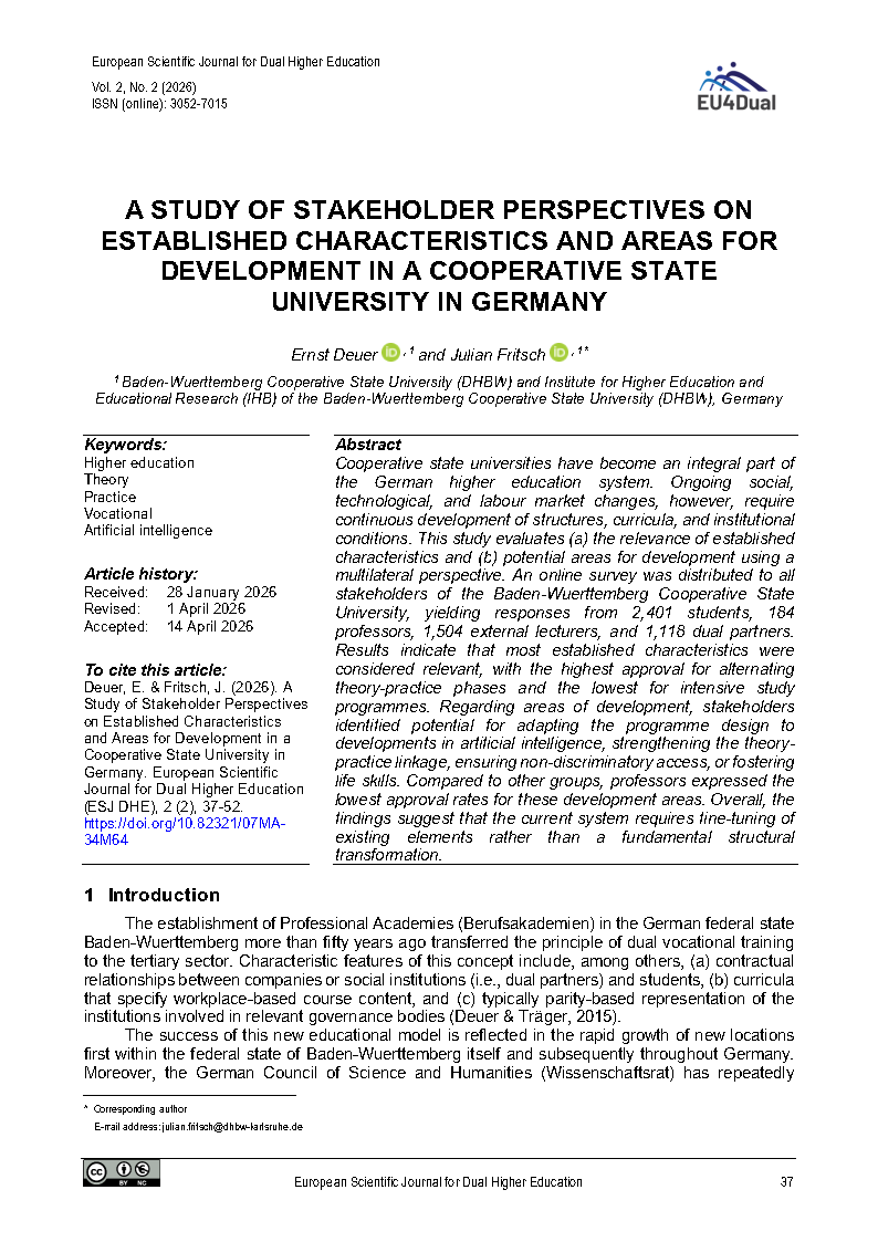 Cover image of the article "A Study of Stakeholder Perspectives on Established Characteristics and Areas for Development in a Cooperative State University in Germany"