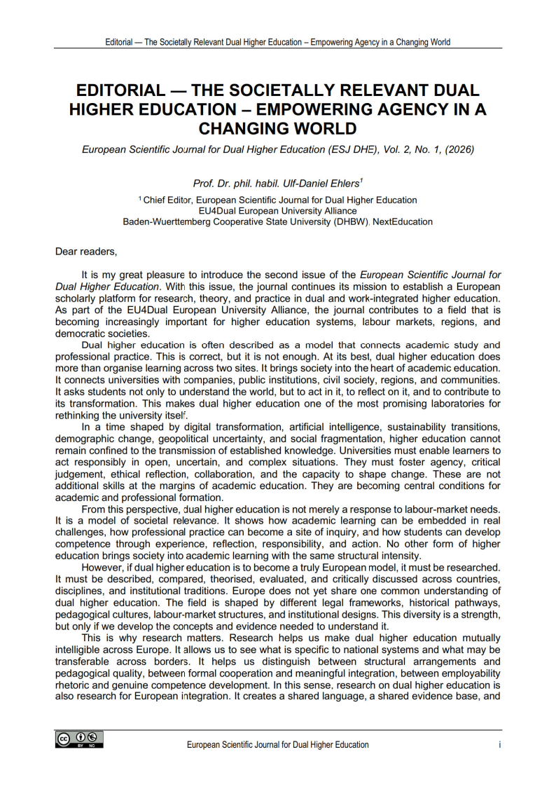 Cover image of the editorial "Editorial - The Societally Relevant Dual Higher Education - Empowering Agency in a Changing World"