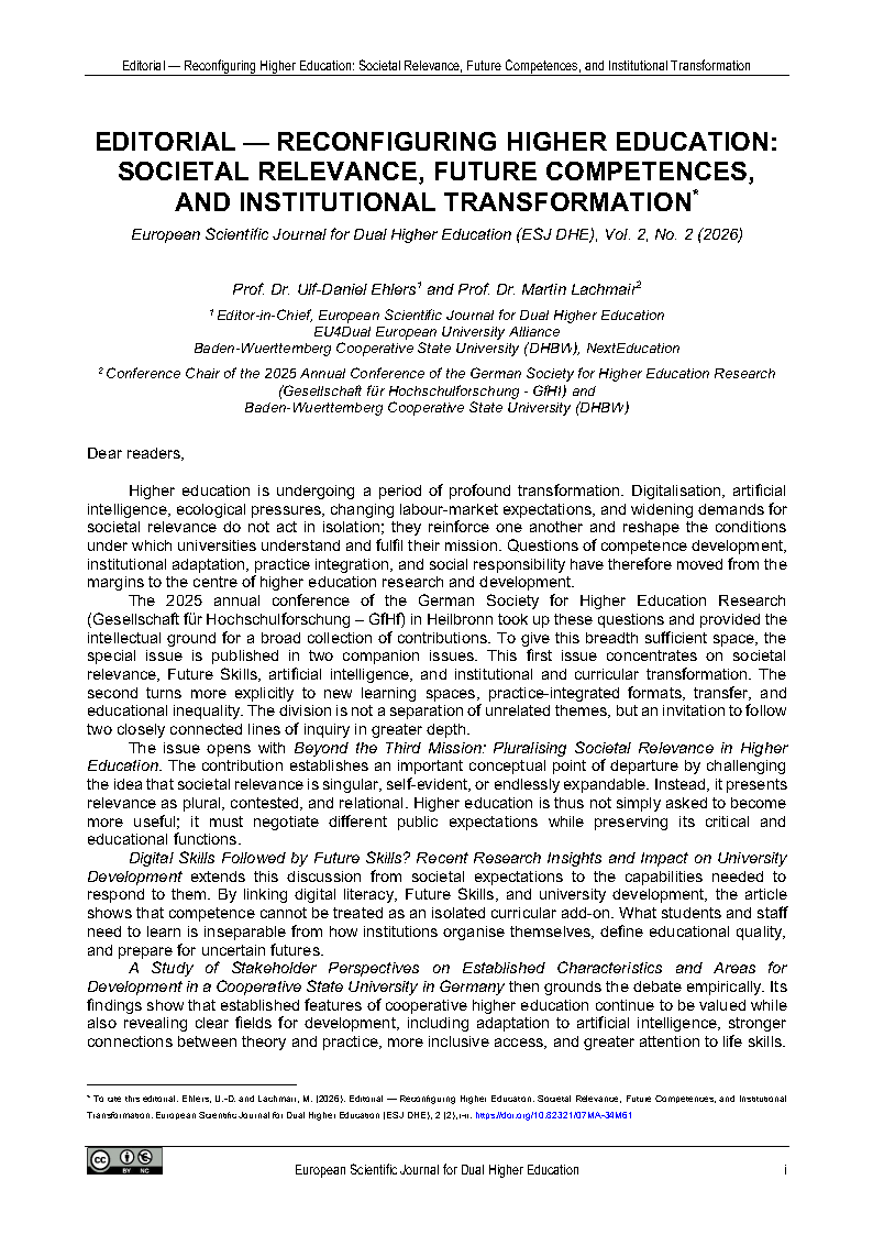 Cover image of the editorial "Editorial — Reconfiguring Higher Education: Societal Relevance, Future Competences, and Institutional Transformation"