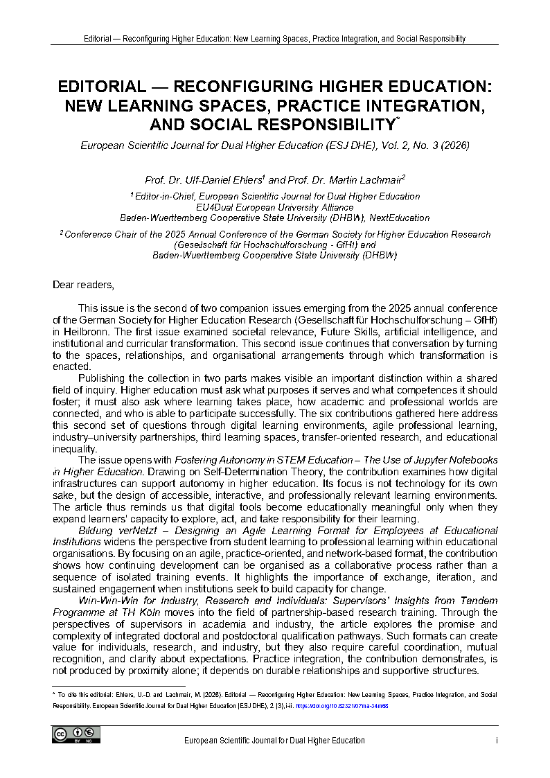 Cover image of the editorial "Editorial — Reconfiguring Higher Education: New Learning Spaces, Practice Integration, and Social Responsibility"